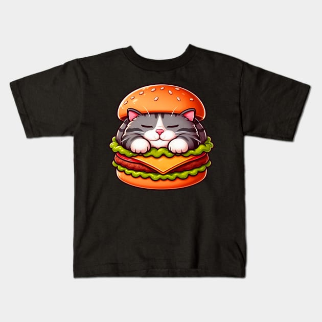 Tabby Cat is Sleeping inside a Hamburger Kids T-Shirt by Plushism